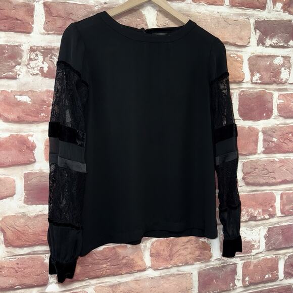 Ann Taylor Loft Top Womens XS Black Velvet Velour Mixed Media Sheer Lace Sleeves - Picture 2 of 8